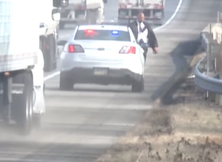 Trucker chooses ditch over hitting stopped cop