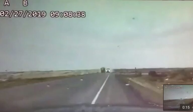 Trooper avoids head-on with semi and then circles back after him