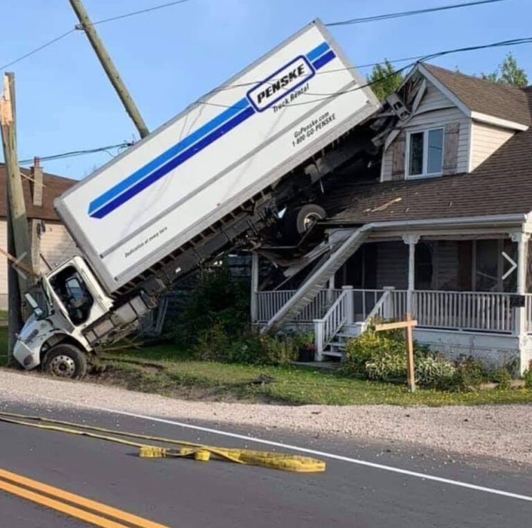 How’d that happen? Truck lands on house