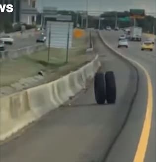 Tires pop off semi and strike oncoming vehicles