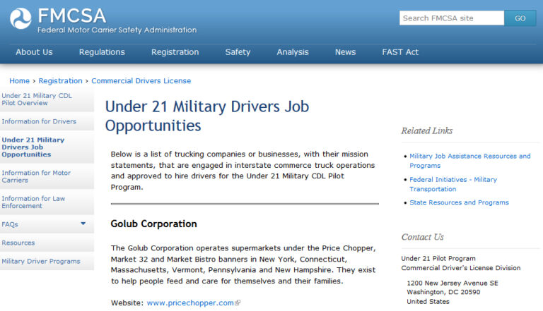 FMCSA website lists jobs for 18-20 year olds with military heavy truck experience