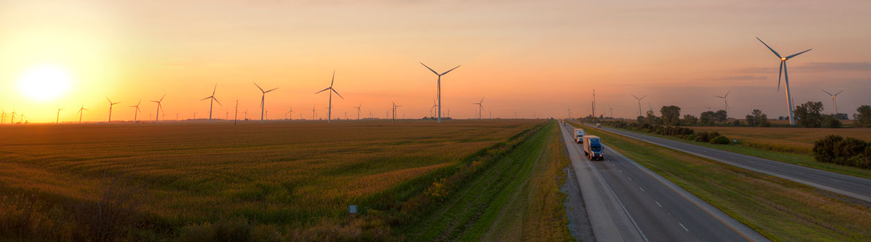Indiana Highway along wind turbines
