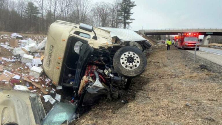 Not-so-happy hour: Big rig hauling wine overturns after sideswiping truck on Maine Turnpike