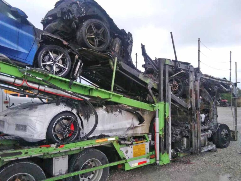 Truckload of Corvettes catches fire