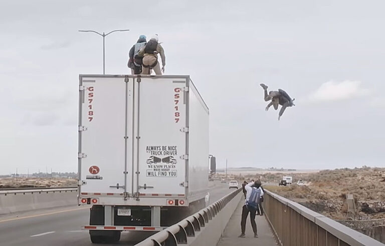 Look out below: Base jumpers leap from big rig