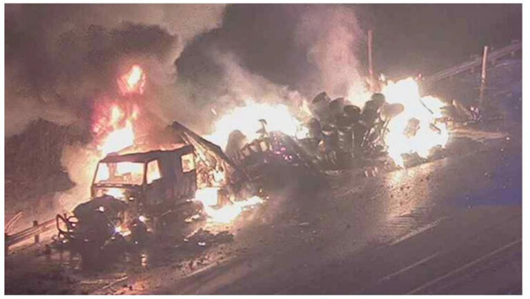 Crash involving 2 big rigs ends in massive fireball; no injuries reported