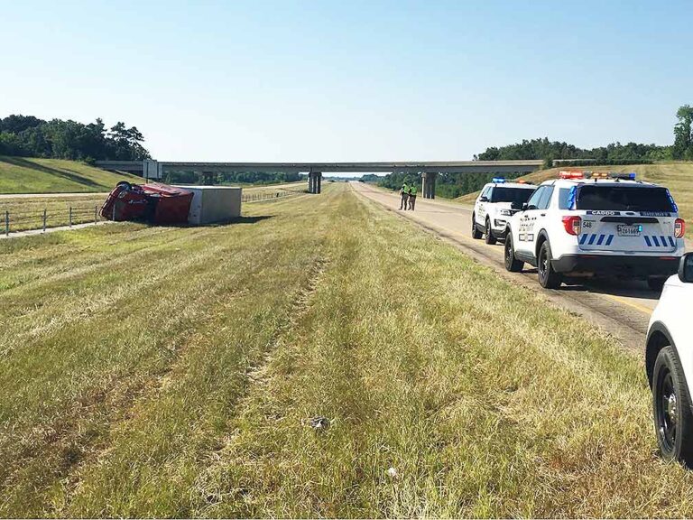 Tractor-trailer carrying ferric chloride flips on I-49 in Louisiana