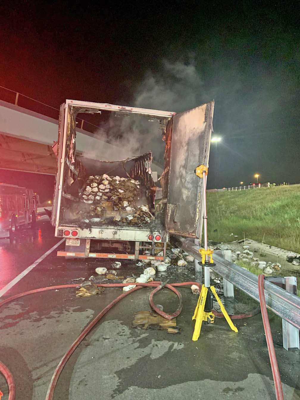 Thousands of frozen turkeys roast in 18wheeler trailer fire