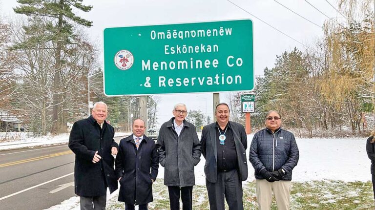 Wisconsin governor joins Menominee Indian Tribe to unveil dual-language highway signs