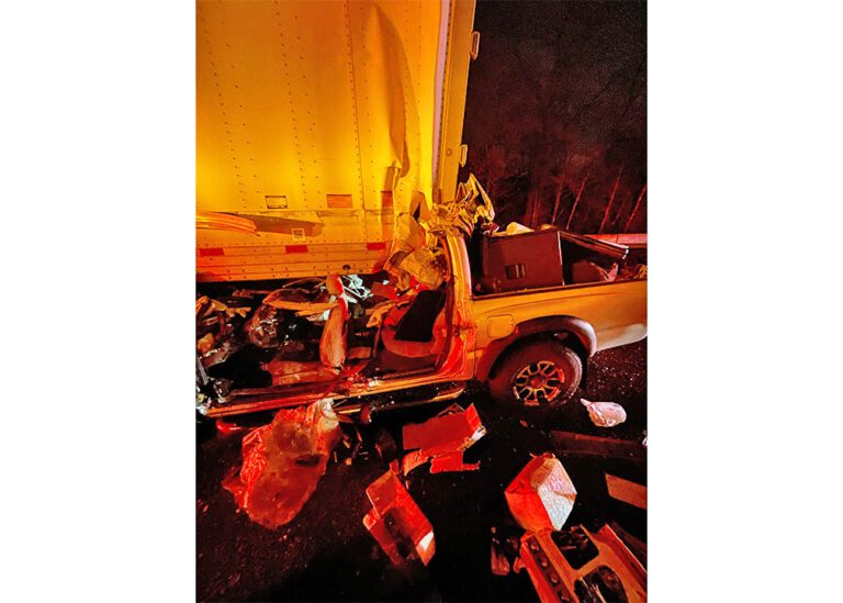 Wreck under big rig trailer shears off pickup’s roof