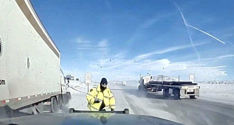 Video: Wyoming trooper has close call with tractor-trailer