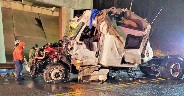 Pennsylvania crash ends with tractor-trailer hanging from I-80 bridge