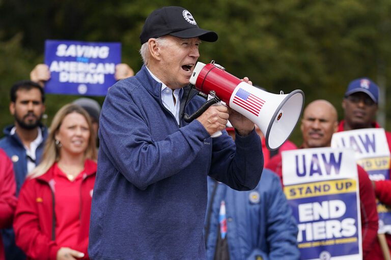 During UAW strike, Biden makes history as first sitting US president to visit picket line