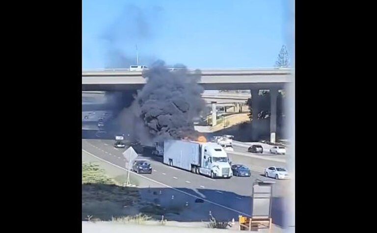 Dramatic cellphone video shows flames billowing from big rig’s trailer