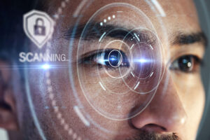 Scanning hologram, eyes and man with futuristic technology, biometric data or laser cybersecurity. Holographic lock, identity software and person focus, future or digital facial recognition overlay