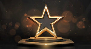 Award ceremony background and 3d gold star element on podium and glitter light effects decorations and bokeh. Vector illustration.