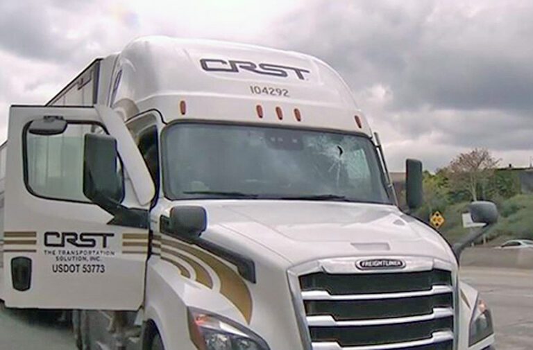 Concrete chunk flung off Los Angeles overpass strikes semi’s windshield