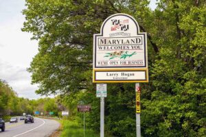 Maryland Welcomes You road sign on the scenic byway US Route 15