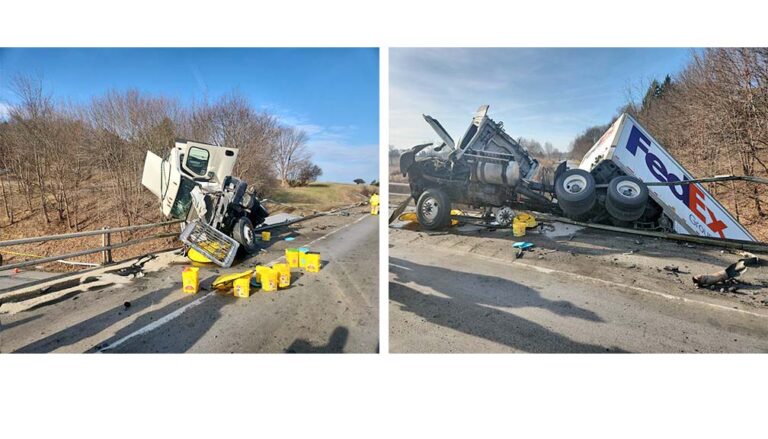 Accident leaves FedEx truck dangling over I-90 bridge in New York