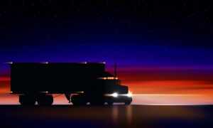 Truck moves on highway in the night. Classic big rig semi truck with headlights and dry van in the dark on the night road on colorful starry sky background, vector illustration