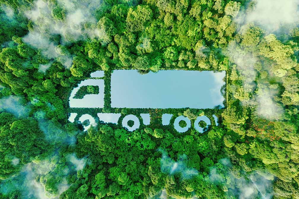 A truck shaped lake in the midst of pristine nature, illustrating the concept of clean, greenhouse free transport in the form of electric, hybrid or hydrogen propulsion. 3d rendering.