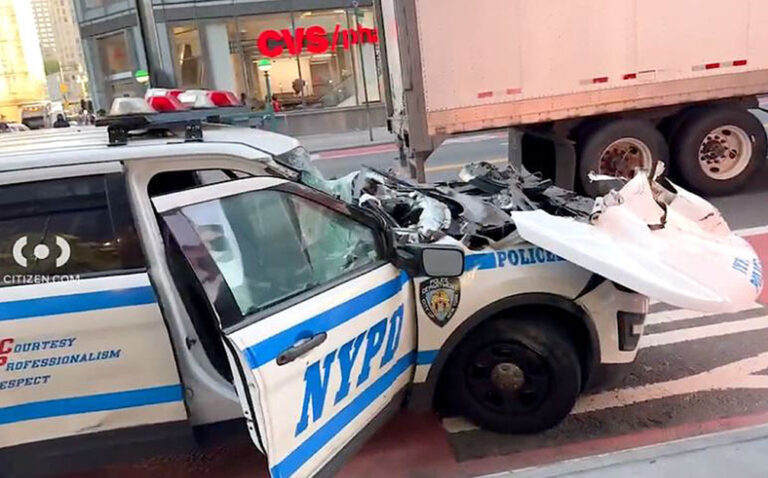 Hell’s Kitchen Hiccup: NYPD cruiser slams into big rig, injuring 4 officers