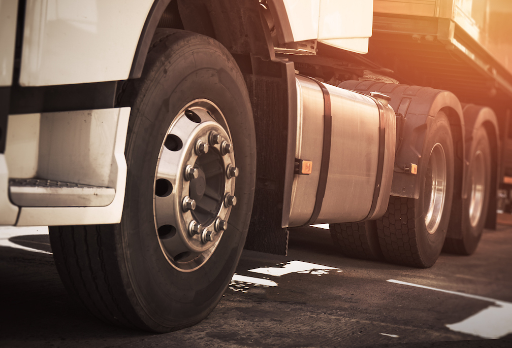 Semi Trailer Truck on Parking. Truck Wheels Tires. Rubber, Truck Tyres. Freight Trucks Transport Logistics.