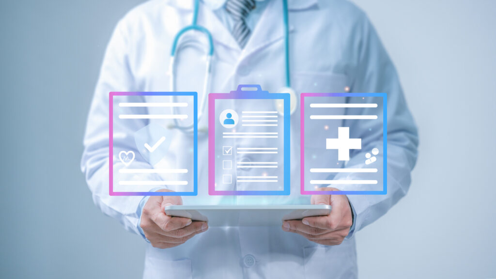 Healthcare, Medical service and Health insurance concept. Medicine doctor use tablet to review patient medical records on virtual screens for digital healthcare, health document checklist.