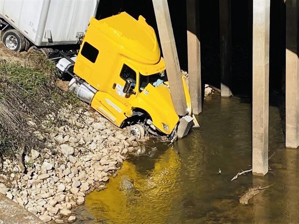 Big rig crash into bridge piling necessitates lane closure, detouring ...