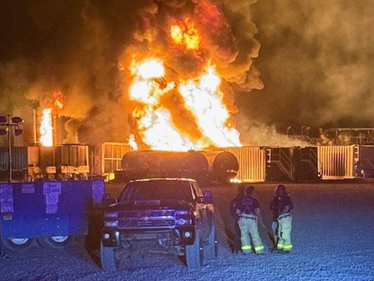 A well site explosion triggers a large fire and evacuations in Texas, but no injuries