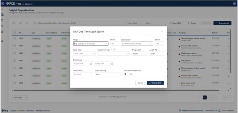 PCS Software integrates DAT One Load Board directly into Cortex Opportunity Manager and Backhaul Booster