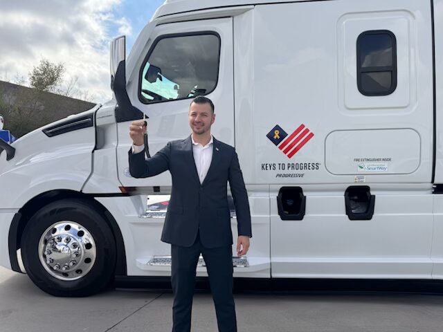 Army veteran trucker receives Freightliner from Progressive to help launch business