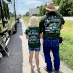 Daniel and Phyllis Snow proudly sport customized T-shirts emblazoned with an image of The Goose. "The Goose" T-shirts can be purchased through Big Rig Tees. (Linda Garner-Bunch/The Trucker) Snow Trucking T-Shirts