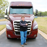 Liz Imel has driven for Maverick Transportation since 2012. She started out hauling refrigerated trailers; but when the company sold its refrigerated division, she moved over to hauling boats on flatbed trailers. (Hannah Butler/The Trucker)