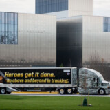 The American Trucking Associations’ military-wrapped truck is shown here in front of the National Museum of the U.S. Army in Virginia. (Courtesy: ATA)