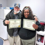 Sue Peña with instructor "Mr. Norm," a veteran of the U.S. Marines. Photo by Linda Garner-Bunch/The Trucker